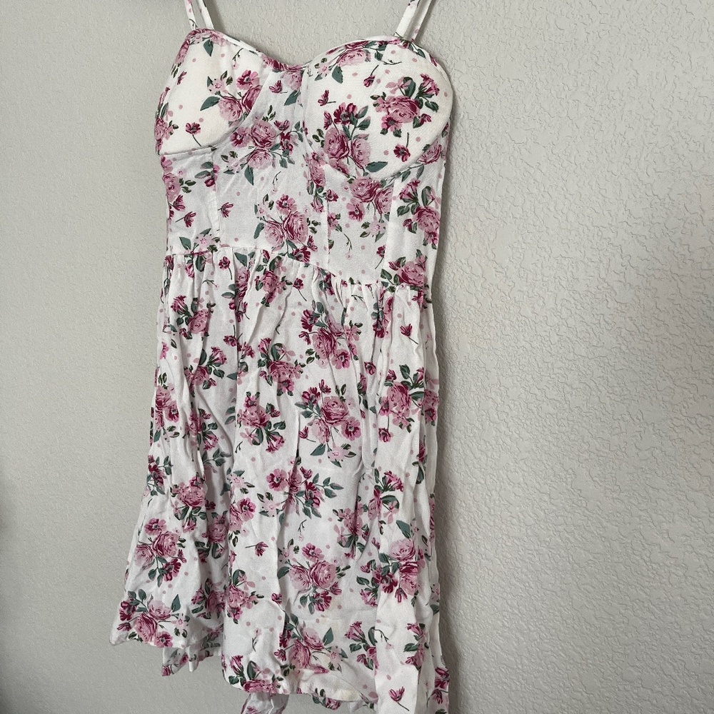 White dress with pink floral print, small.
